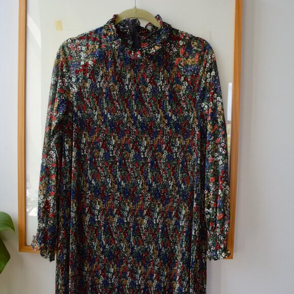 Vintage 1970s Sheer Floral Accordion Pleated High Neck Liz Roberts Dress Frills - Picture 3 of 9
